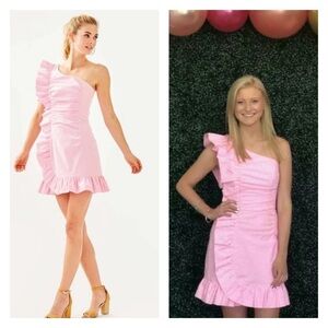 LILLY PULITZER Tiffani Pink White Stripe One Shoulder Ruffle Mini Dress Size 0